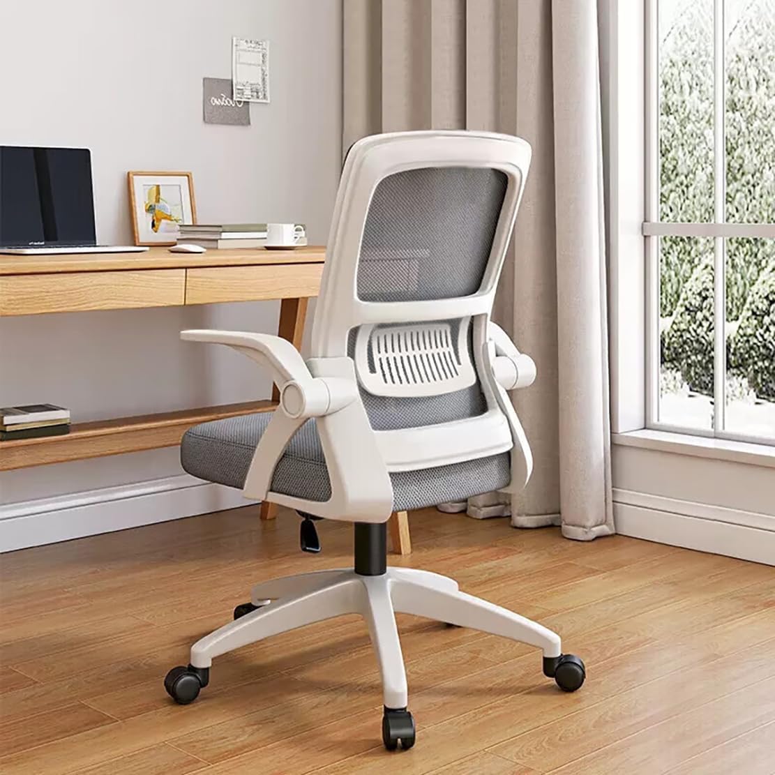 Bürostuhl, ergonomischer Drehstuhl mit atmungsaktiver Netzrückenlehne, klappbaren Armlehnen und Lordosenstütze für Computer – Heimbüro (grau)