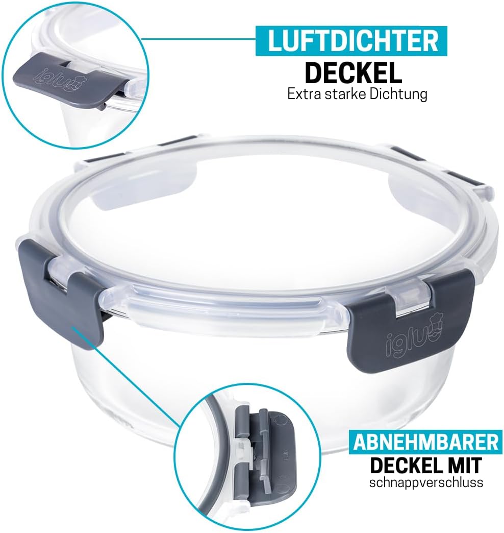 Igluu Meal Prep runde Frischhaltedosen aus Glas mit BPA-freien Deckeln (10 Stück) – mikrowellen-, ofen-, gefrierschrank-, spülmaschinenfest, auslaufsicher – 400 und 950 ml – robustes Borosilikatglas – Bild 4