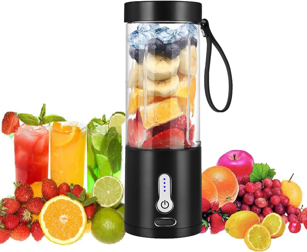 Tragbarer Mixer, Smoothie Maker to Go für Shakes und Smoothies mit 6 scharfen Klingen, USB wiederaufladbarer Mini-Entsafter, BPA-frei, tragbarer Entsafter für Fitnessstudios, Büro, Reisen (schwarz)