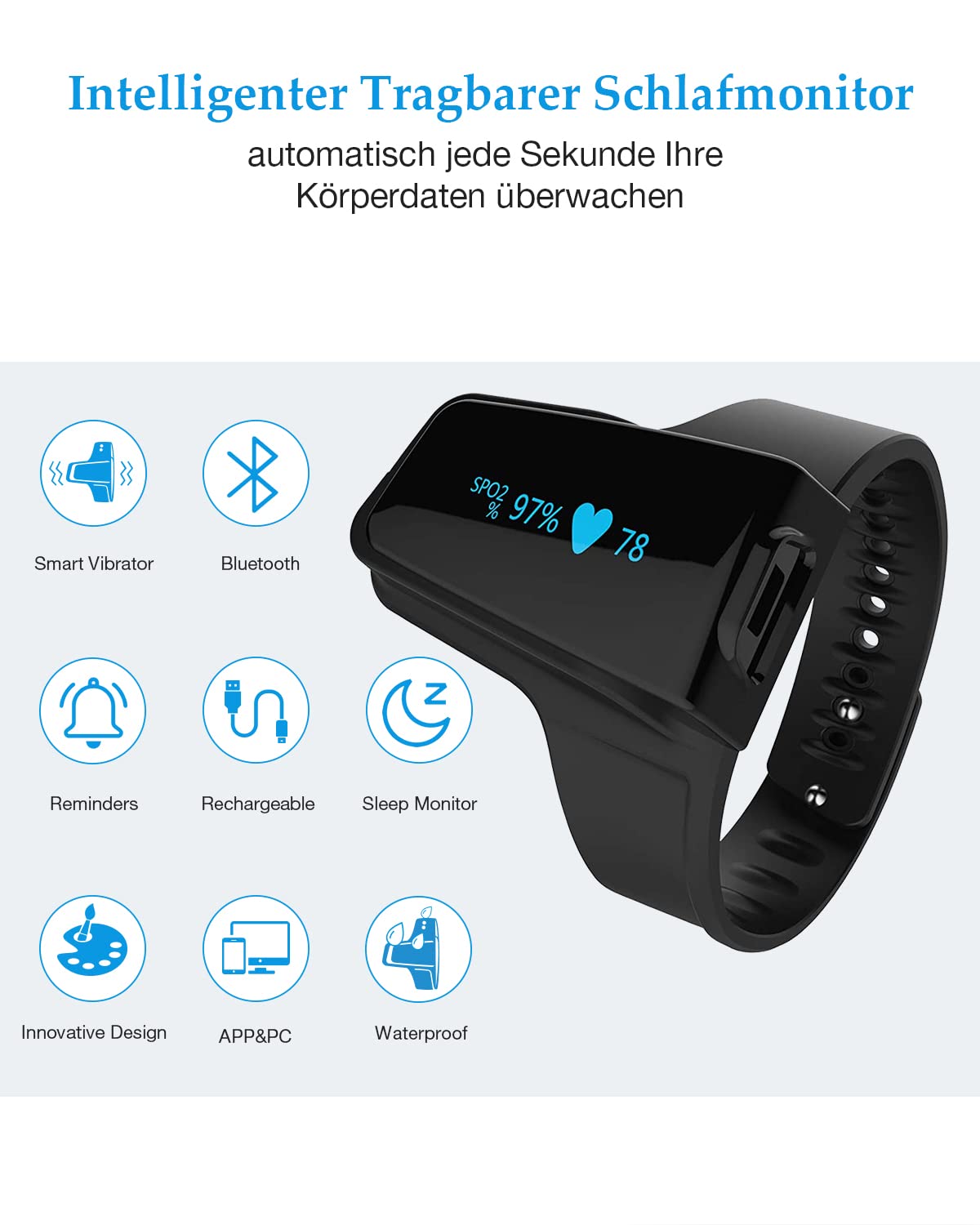 ViATOM Pulsoximeter mit Bluetooth, Sauerstoffsättigungsmessgerät für Finger und Handgelenk, tragbarer Schlafmonitor, Blutsauerstoffmessgerät, Finger mit professioneller App und PC-Bericht – Bild 6