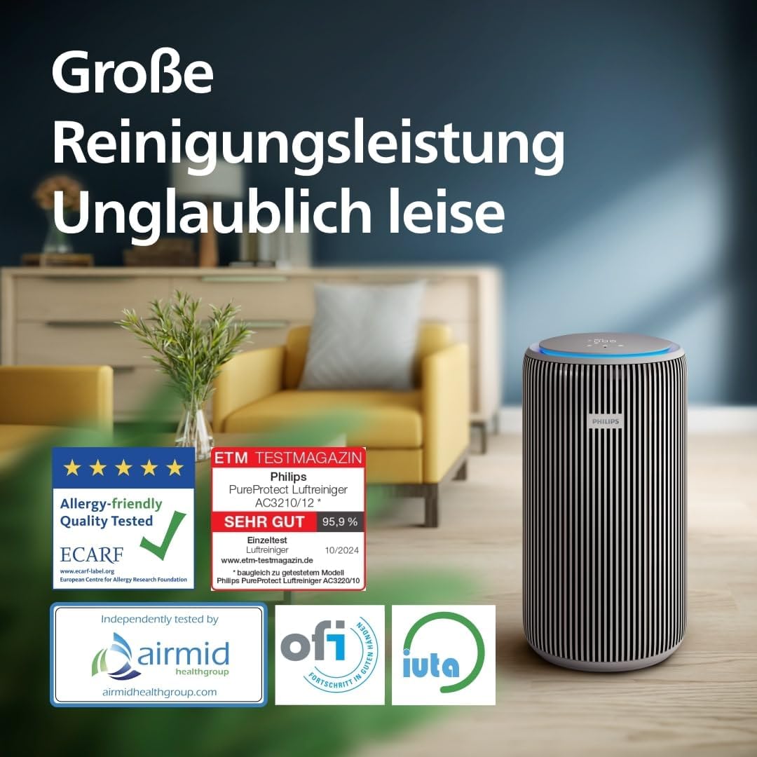 Philips PureProtect 3200-Serie: Intelligenter Luftreiniger, HEPA- und Aktivkohlefilter, CADR 500 m³/h für 130 m², extrem leise und energieeffizient, fängt 99,97 % Allergene ein (AC3210/12) – Bild 3