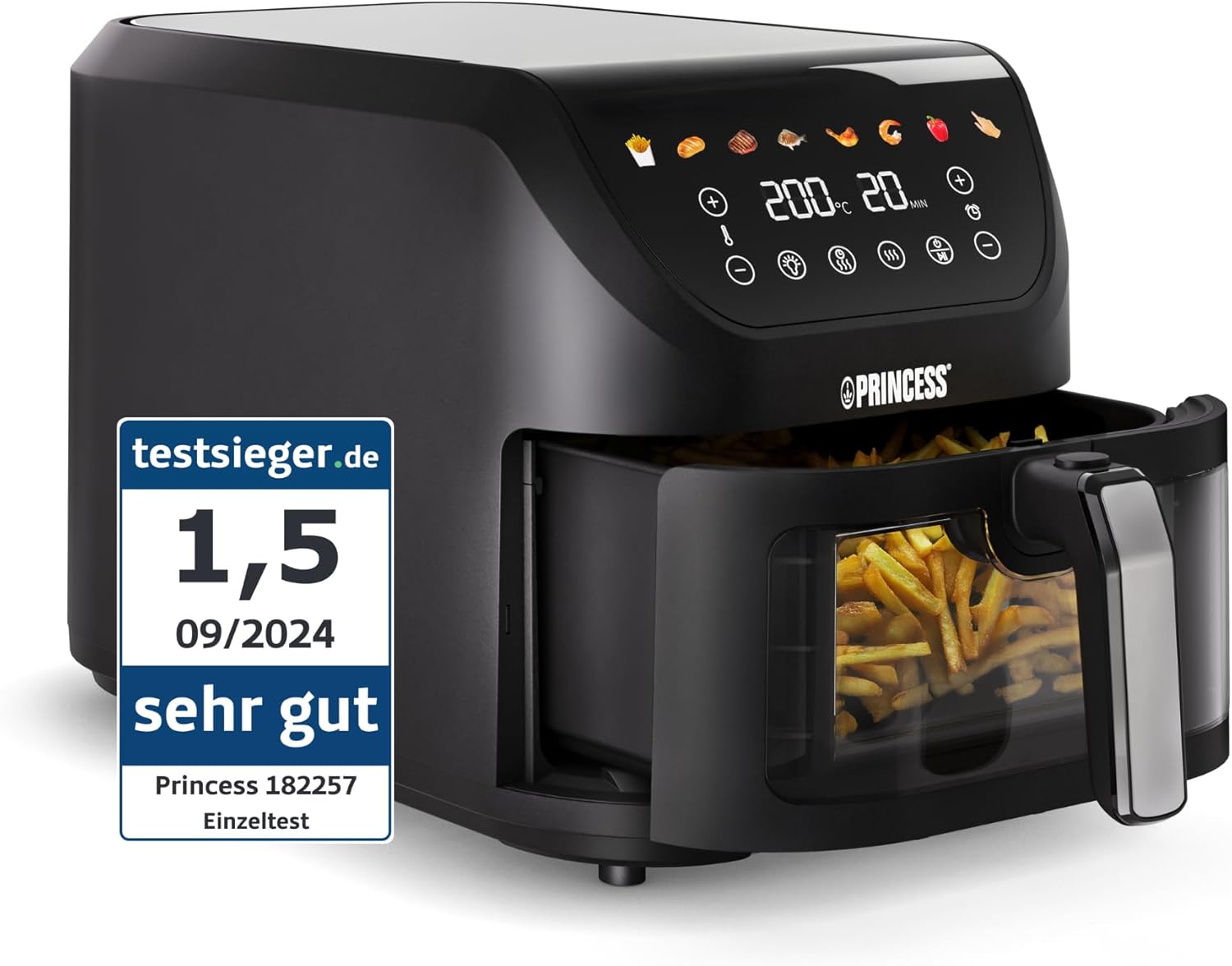 Princess SlimFry Airfryer, 8 l Fassungsvermögen, 2000 W, 8 Programme, digitaler Touchscreen, einstellbare Temperatur, Sichtfenster, automatische Abschaltung, spülmaschinenfest, 182257