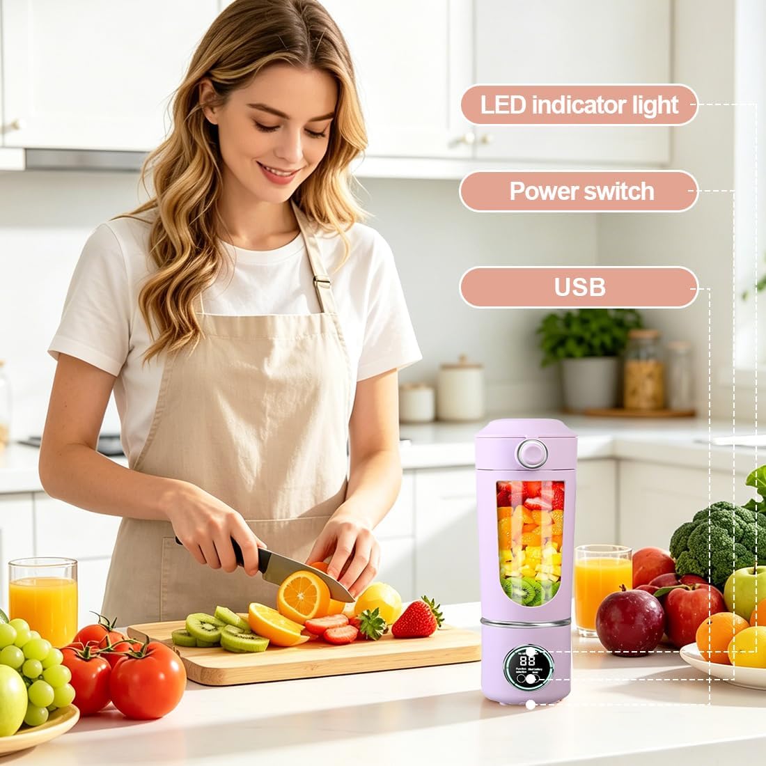 Tragbarer Mixer, Mini-Standmixer, kleiner Entsafter, Smoothie-Maker mit Silikon-Strohhalm, USB-Ladegerät Smoothie Maker, 400ml KleinerMixer mit 12 Edelstahlklingen, für Zuhause/Küche (Lila) – Bild 6