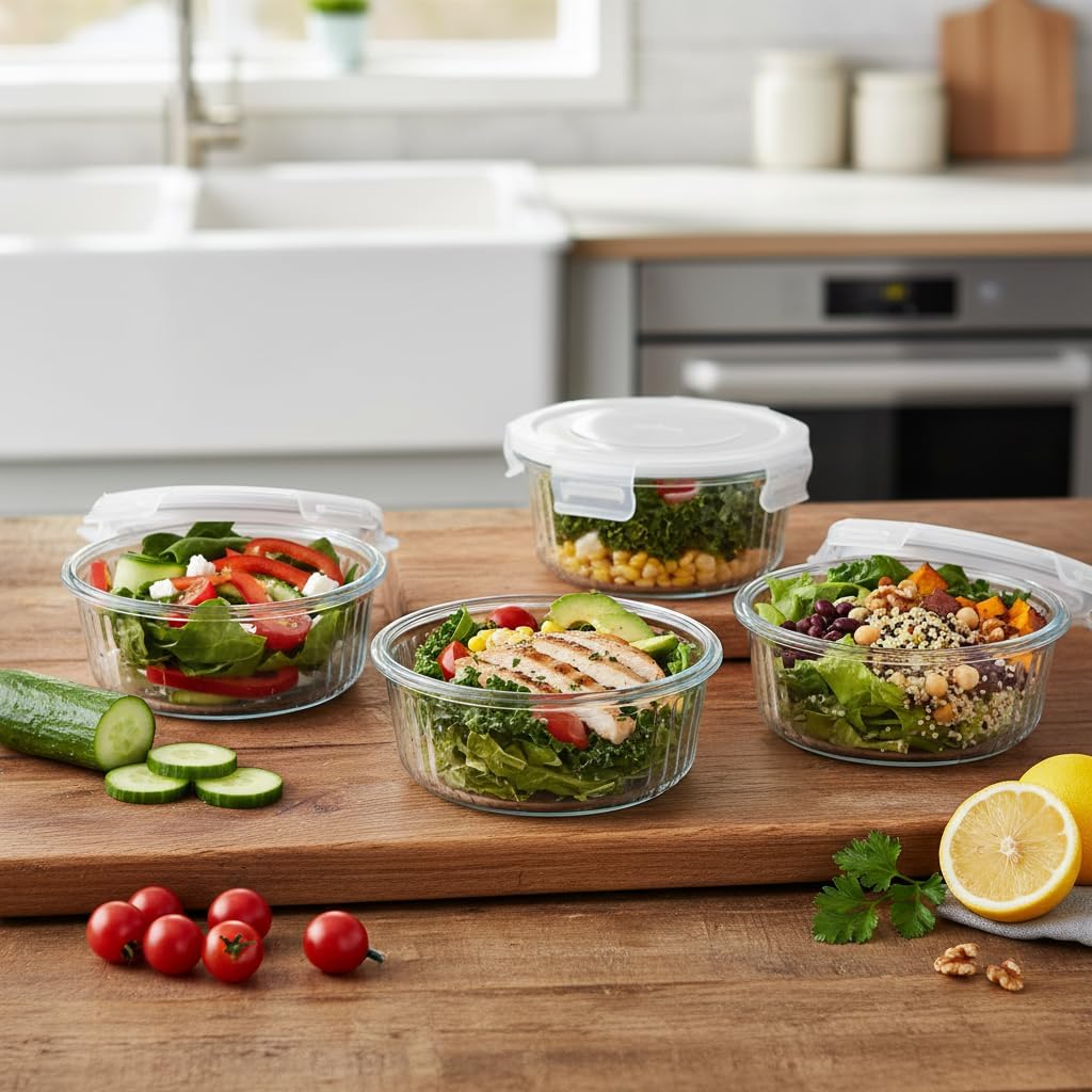 H.JSS WDJS 4 Stück kleine runde Meal-Prep-Boxen aus Glas, runde Glasbehälter mit Deckel, BPA-frei, kleine Meal-Prep-Gläser für Mikrowelle, Gefrierschrank und Spülmaschine, ideal für Suppe, Mittagessen (weiß-370 ml) – Bild 4