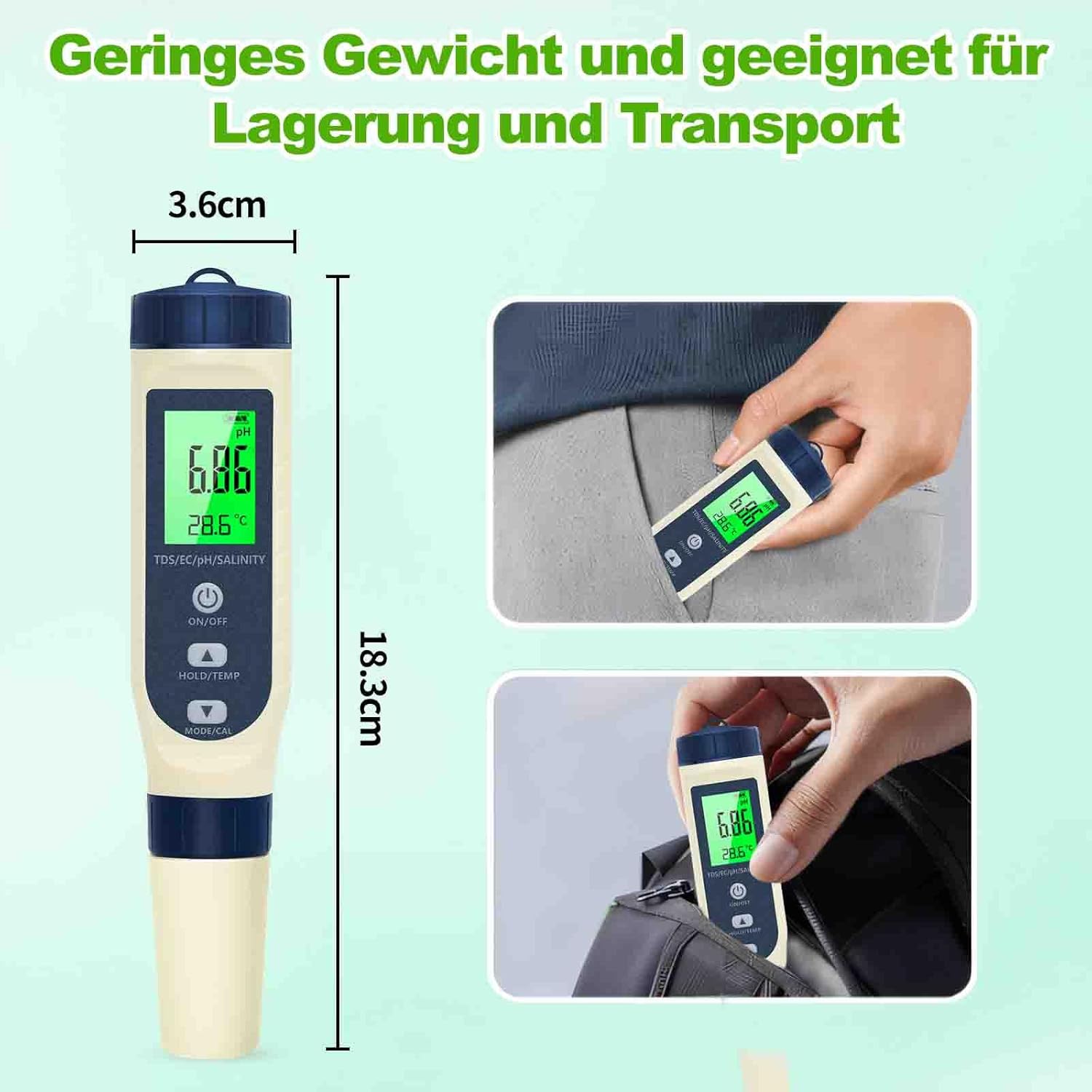 PH-Messgerät Wasser, PH/TDS/EC/Salzgehalt/Thermometer 5-in-1 pH-Wert-Messgerät mit LCD-Display, automatischer Temperaturkompensation pH-Tester, hochpräziser Wassertester, ideal für Trinkwasser, Pool – Bild 7