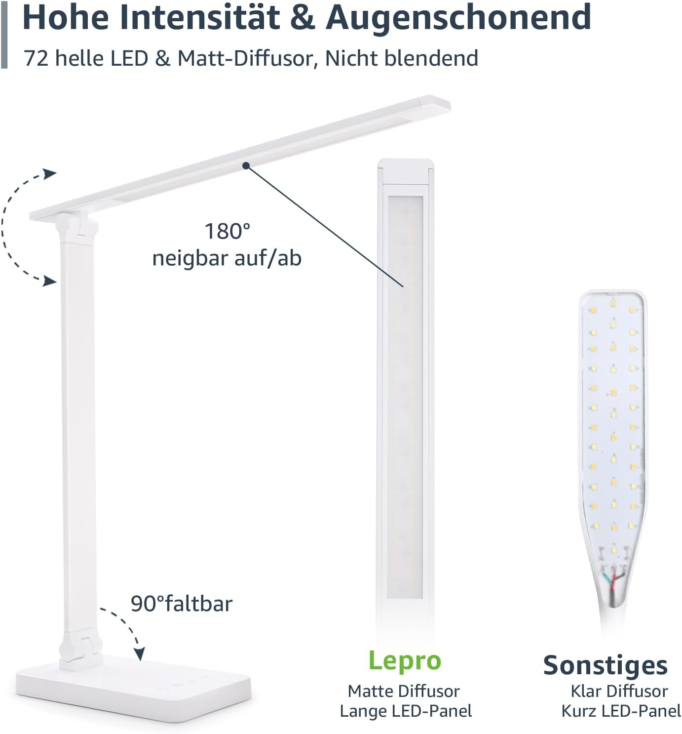 Lepro Schreibtischlampe, LED-Tischlampe, dimmbar, Nachttischlampe, 800 lm, 3 Farben und 5 Helligkeitsstufen, Tageslichtlampe, Augenschutz, Tischlampe, Schreibtischlampe für Kinder, Büro, Weiß – Bild 6