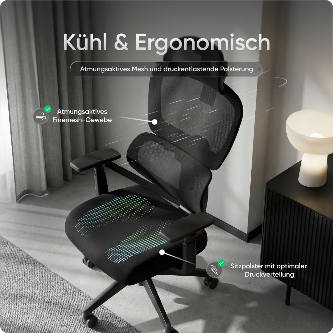 Ergonomischer Bürostuhl Move für das Home Office bis 150 kg – Schreibtischstuhl mit intelligenter Lordosenstütze, 3-stufiger Neigung & höhenverstellbarer Rückenlehne, Bürodrehstuhl (Schwarz) – Bild 5