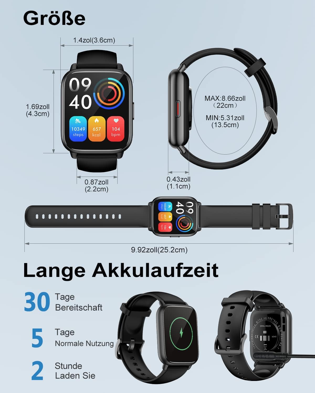 RUIMEN Smartwatch mit Telefonfunktion, Smartwatch für Damen und Herren, 1,85 Zoll HD-Bildschirm, Fitnessuhr mit SpO2-Überwachung, Herzfrequenzmesser, Schlafmonitor, Schrittzähleruhr, 110+ Trainingsmodi für Android iOS (2 Bänder) – Bild 7
