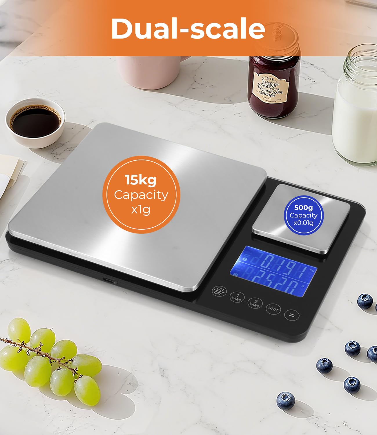 Doppelplattform-Digitalwaage (10 kg/1 g & 500 g/0,01 g), USB-Aufladung und Batteriebetrieb, Edelstahl, Tara-Funktion, LCD-Display, 7 Gewichtseinheiten, ideal zum Backen und Kochen – Bild 7