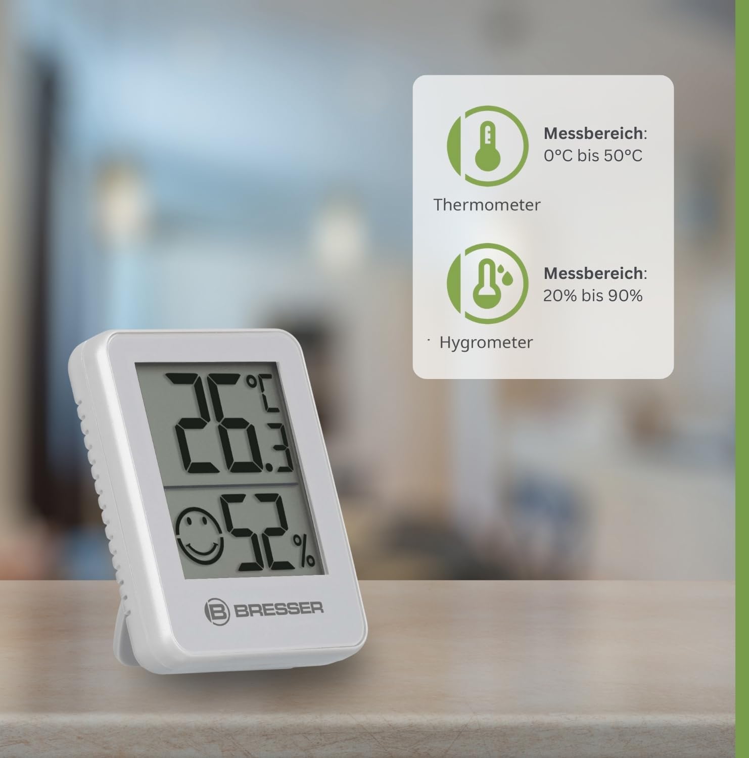 Bresser Temeo Thermometer Hygrometer, Hygro-Indikator 3er-Set zur Tisch- oder Wandmontage mit Raumklimaanzeige, weiß, 4,5 x 1,6 x 5,8 cm – Bild 7