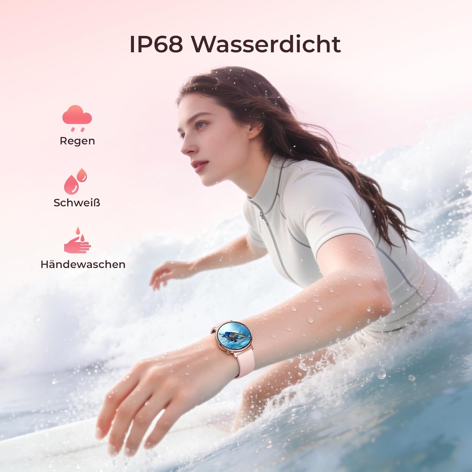 Damen-Smartwatch mit Telefonfunktion, 7,9 mm ultradünn, 1,32 Zoll AMOLED (1000 Nits/466 x 466), Fitnessuhr mit 2 Armbändern, 100+ Sportmodi, SpO2/Puls/Schlafmonitor, IP68 wasserdicht, iOS Android, Roségold – Bild 7