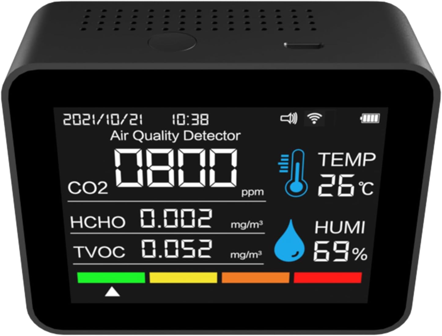 Interaktiver Luftqualitätsmonitor mit Farbdisplay, WLAN-Thermometer und Hygrometer für Smart App, 12 Funktionen, Alarmfunktion, CO2-Detektor für Zuhause und Büro, tragbar (schwarz) – Bild 4