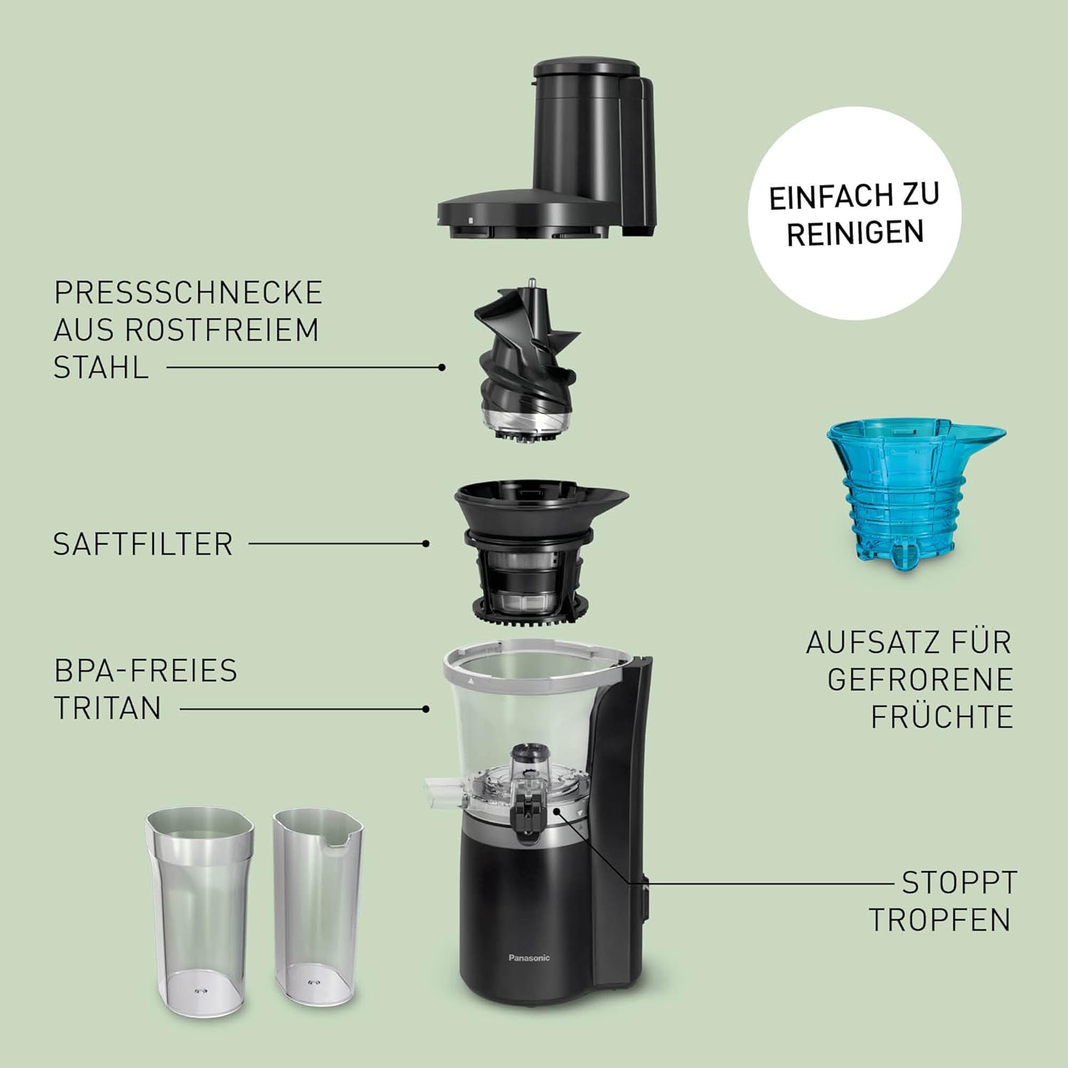 Panasonic Slow Juicer (Gemüse- und Fruchtpresse, automatische Zitruspresse, Edelstahl, Kunststoff, 150 W, Mattschwarz), MJ-L700KXE – Bild 4