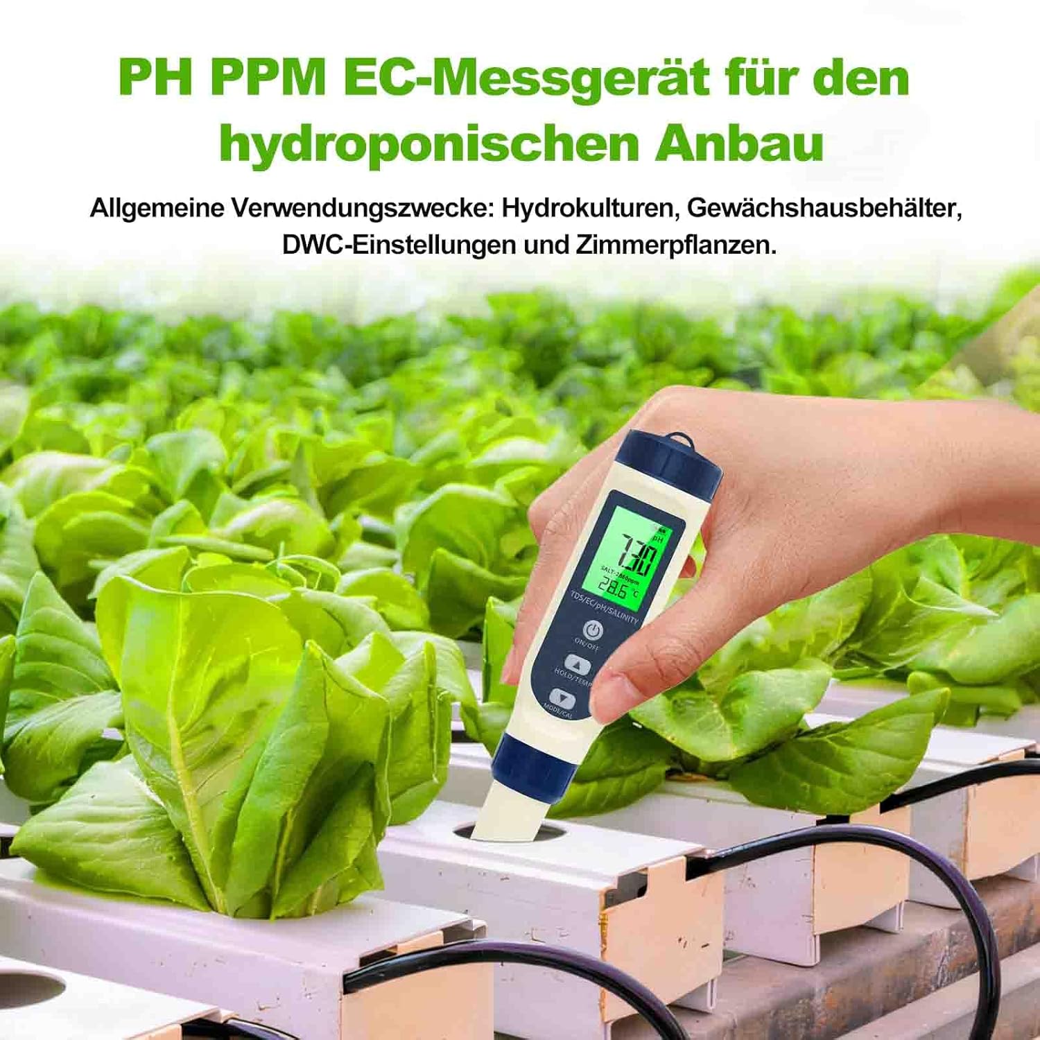 PH-Messgerät Wasser, PH/TDS/EC/Salzgehalt/Thermometer 5-in-1 pH-Wert-Messgerät mit LCD-Display, automatischer Temperaturkompensation pH-Tester, hochpräziser Wassertester, ideal für Trinkwasser, Pool – Bild 4