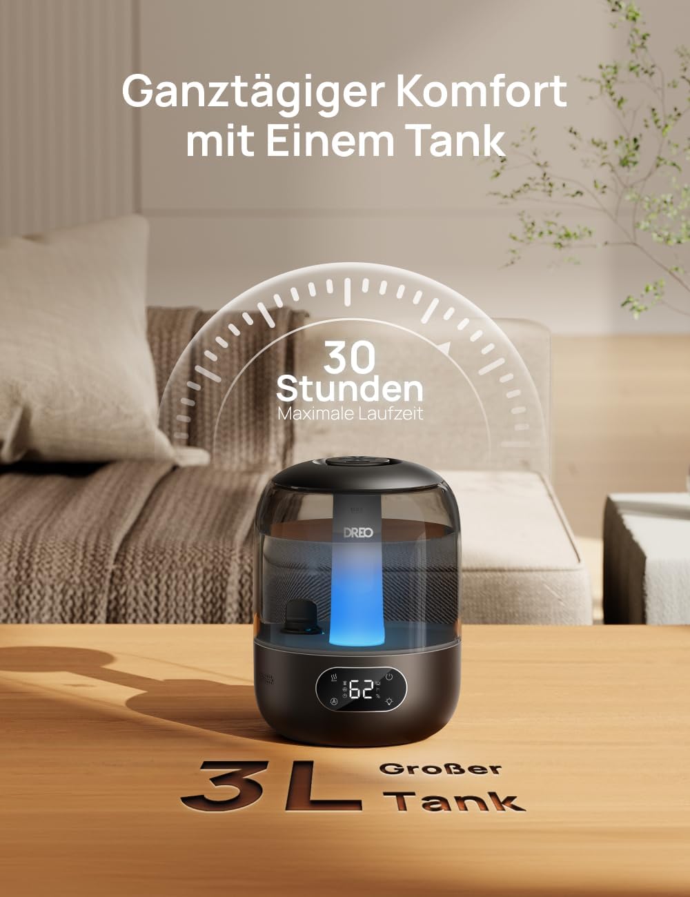 Dreo Luftbefeuchter für Schlafzimmer, Kaltnebel-Ultraschallgerät mit 30 Stunden Laufzeit, 3-Liter-Oberfülltank, Feuchtigkeitssensor, Nachtlicht für Babys, Kinderzimmer, Pflanzen und Zuhause – Bild 7