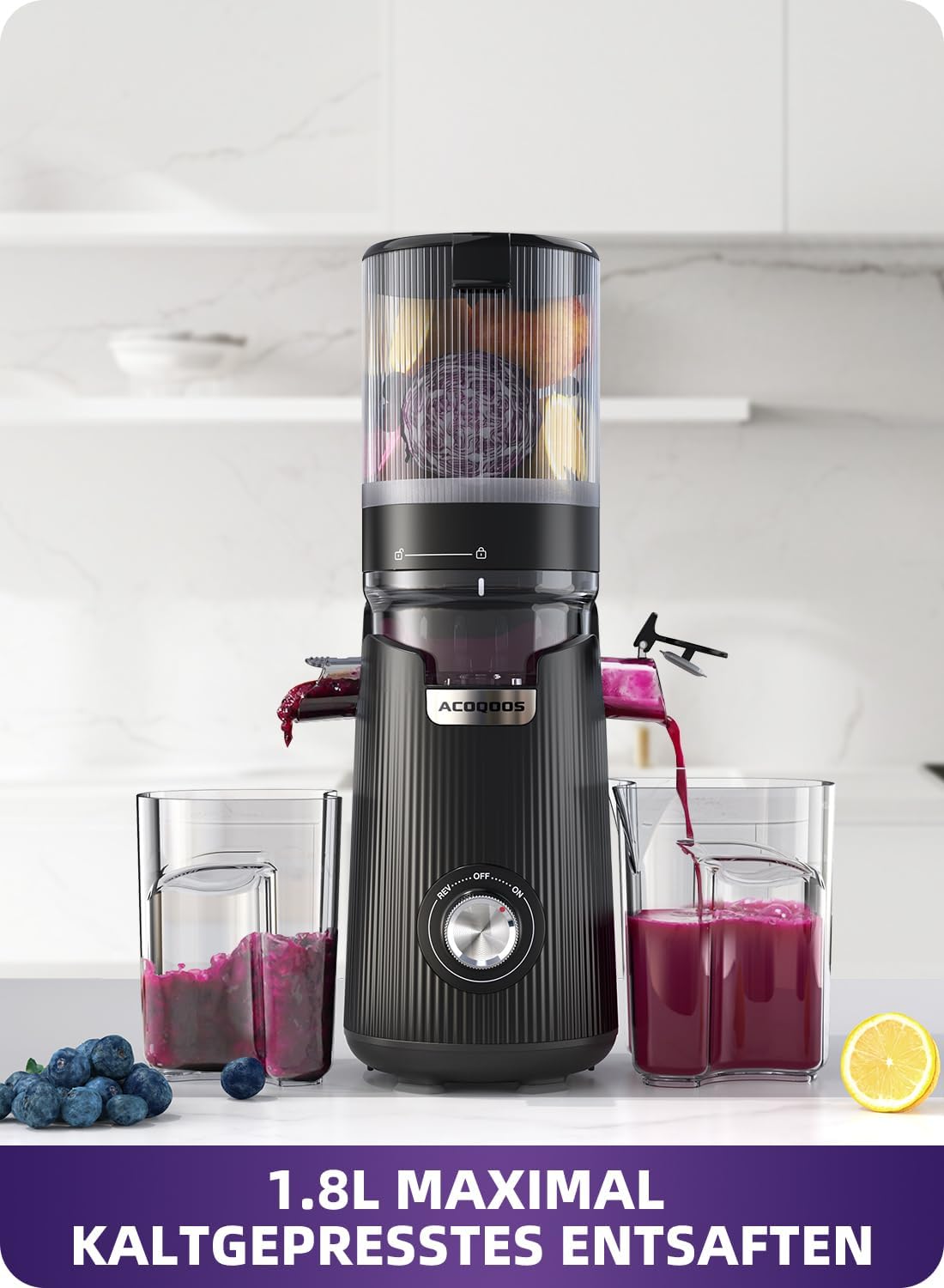 ACOQOOS Entsafter, Entsafter für ganzes Gemüse und Obst, 135 mm Breite und größeres Einfüllrohr, 1,8 l Fassungsvermögen, leicht zu reinigender Slow Juicer mit 2 Gläsern, elektrischer Entsafter, schwarz – Bild 3