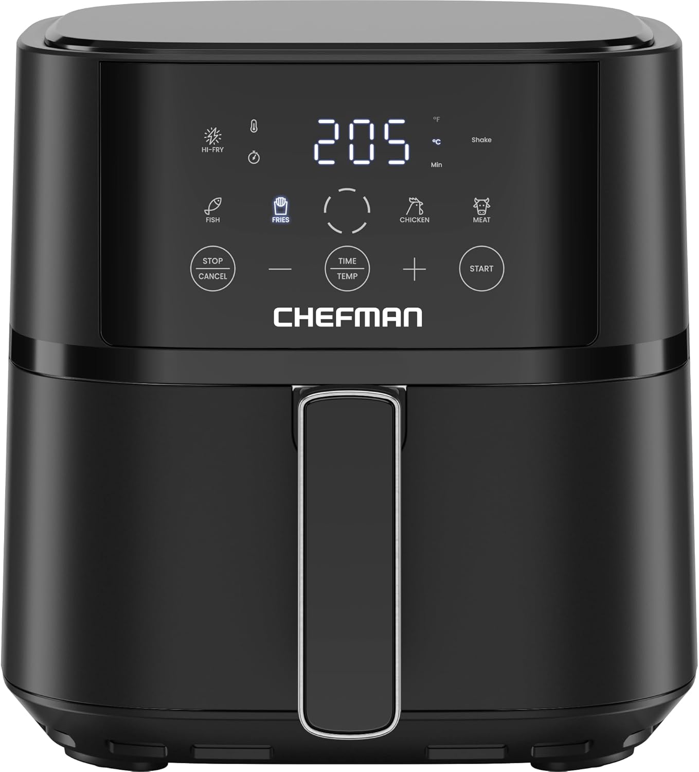 Chefman 3,8 l Heißluftfritteuse, schnell und einfach, kompakte Heißluftfritteuse mit Hi-Fry-Technologie, Touch-Bedienung mit 4 Voreinstellungen, antihaftbeschichtet und spülmaschinenfest – Schwarz