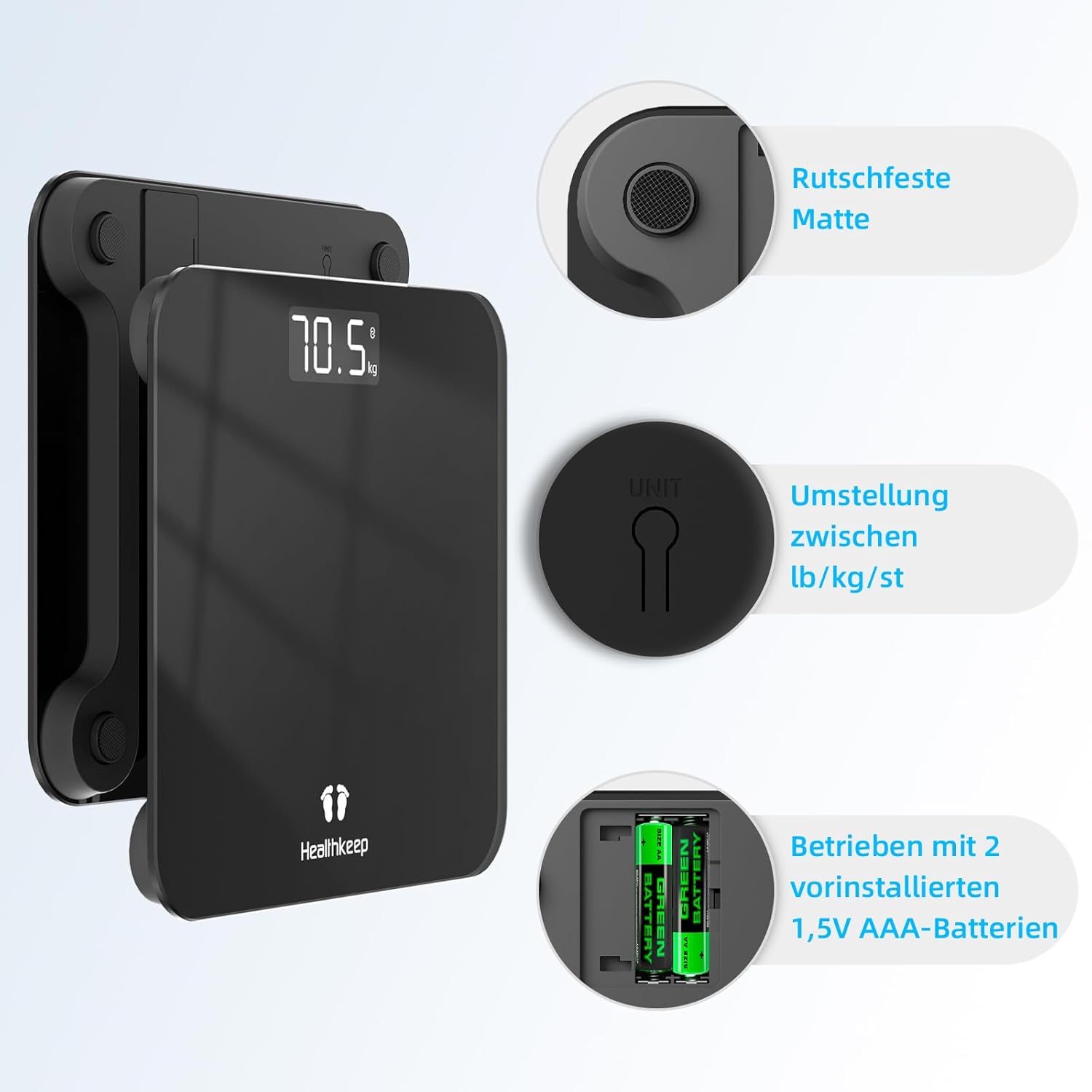 Personenwaage von Healthkeep – Digitale Körperwaage mit hochpräzisen Sensoren, Tragkraft bis 180 kg, Digitalwaage mit klarem LED-Display, Personenwaage aus kompaktem Hartglas 26 x 26 cm, Schwarz – Bild 6