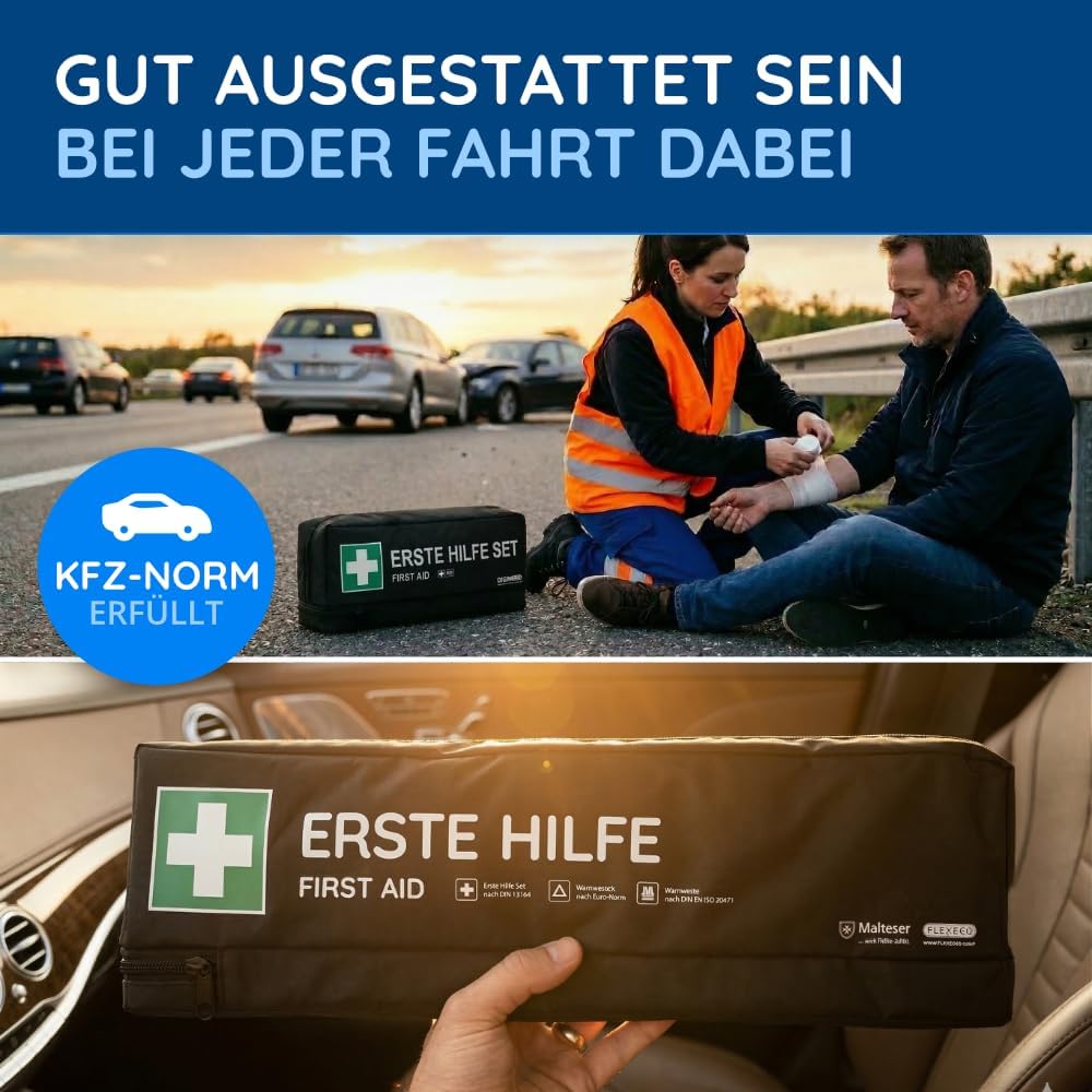 Auto-Verbandstasche inkl. Warndreieck und Warnweste nach aktueller DIN 13164:2022, gültig für 2023, Verbandskasten für Auto, Auto, Motorrad, schwarz, Langformat – Bild 8
