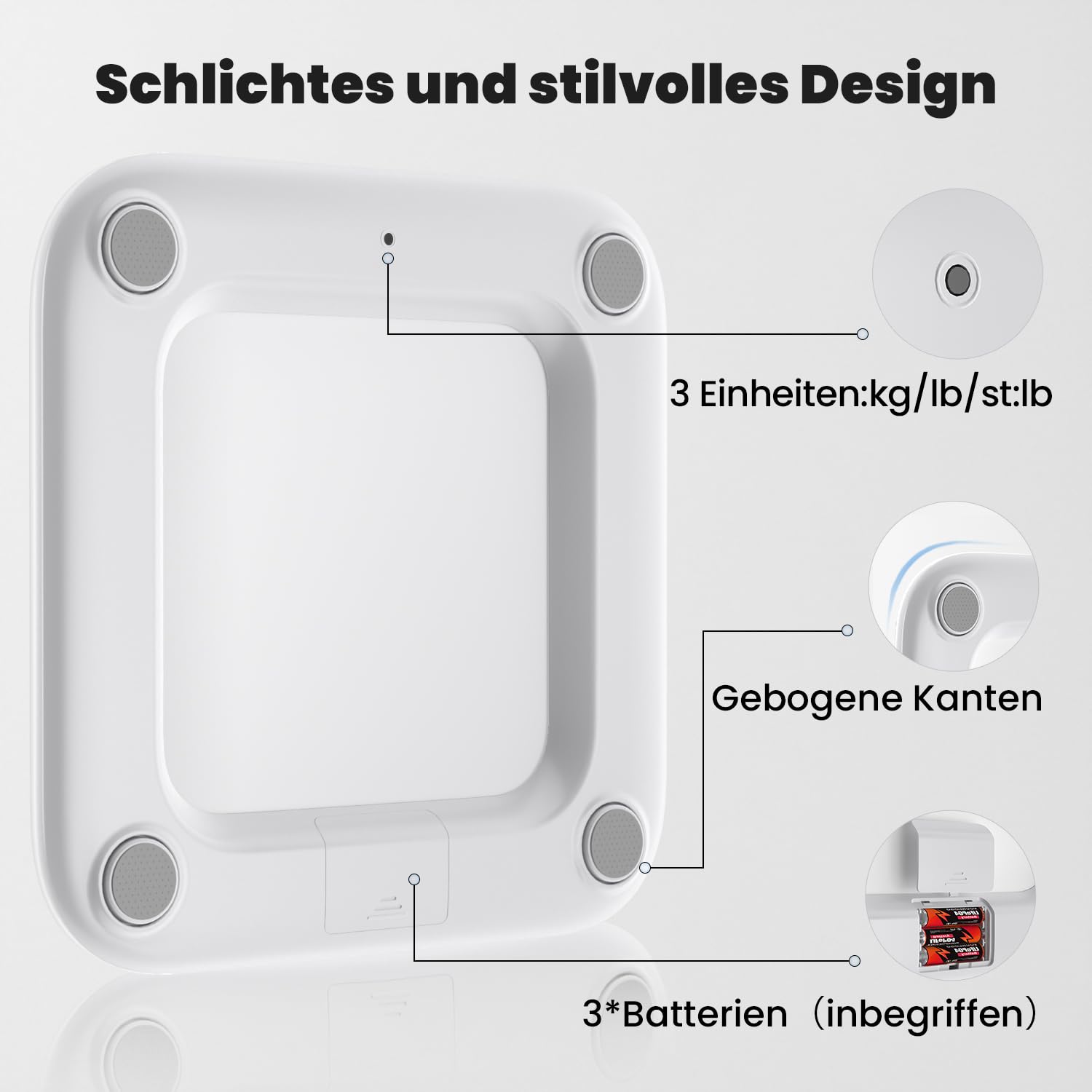 UNIWEIGH Digitale Personenwaage für das Körpergewicht, hochpräzise Gewichtswaage bis 400 lbs/180 kg, Körperwaage mit stabilem gehärtetem Glas, LED-Display, Step-on, 3 Einheiten und Batterien im Lieferumfang enthalten, Weiß – Bild 5