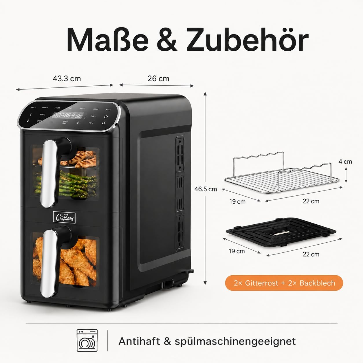 Heißluftfritteuse, 2 Kammern, 11 l, 2 x 5,5 l Airfryer Double Stack mit Sichtfenster, SYNC & DUAL, 9 Programme inklusive DIY, schwer entflammbares V0-Material, 2460 W, spülmaschinenfest – Bild 8