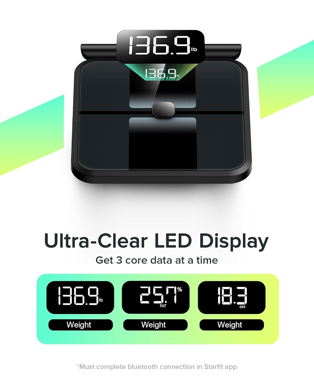 RunStar Körperfettwaage, 8-Elektroden-Ganzkörperanalyse mit 28 Körperwerten, App-Synchronisierung, BMI, Muskelmasse – Hochpräzise Digitale Waage mit 3-stufigem Display – Bild 2