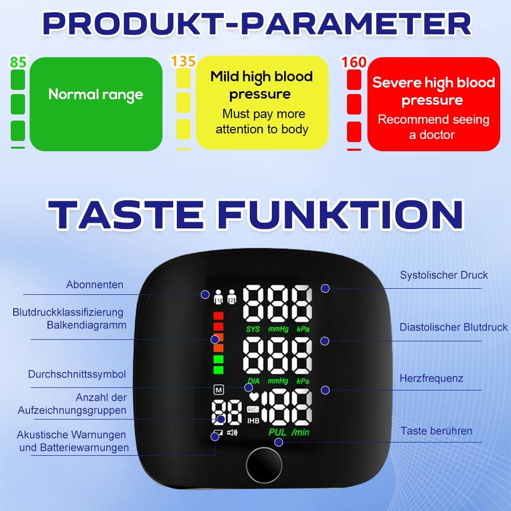 Handgelenk-Blutdruckmessgerät, digitales Blutdruckmessgerät Handgelenk mit 99 x 2 Lesespeicher, automatische Sprachausgabe, automatisches Handgelenk-Blutdruckmessgerät mit LCD-Bildschirm – Bild 4