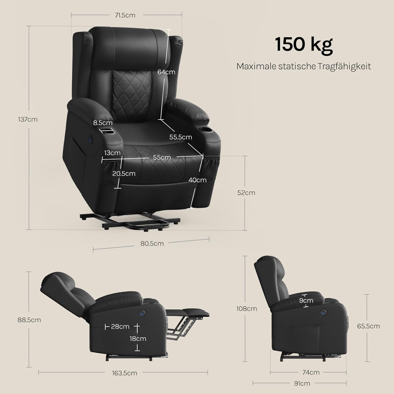 WOLTU Elektrisch verstellbarer Massagesessel mit Liegefunktion, Aufstehhilfe, Massage, Heizung, Fußstütze, Seitentaschen, Getränkehalter, USB-Anschluss, Kunstleder, Schwarz – Bild 3
