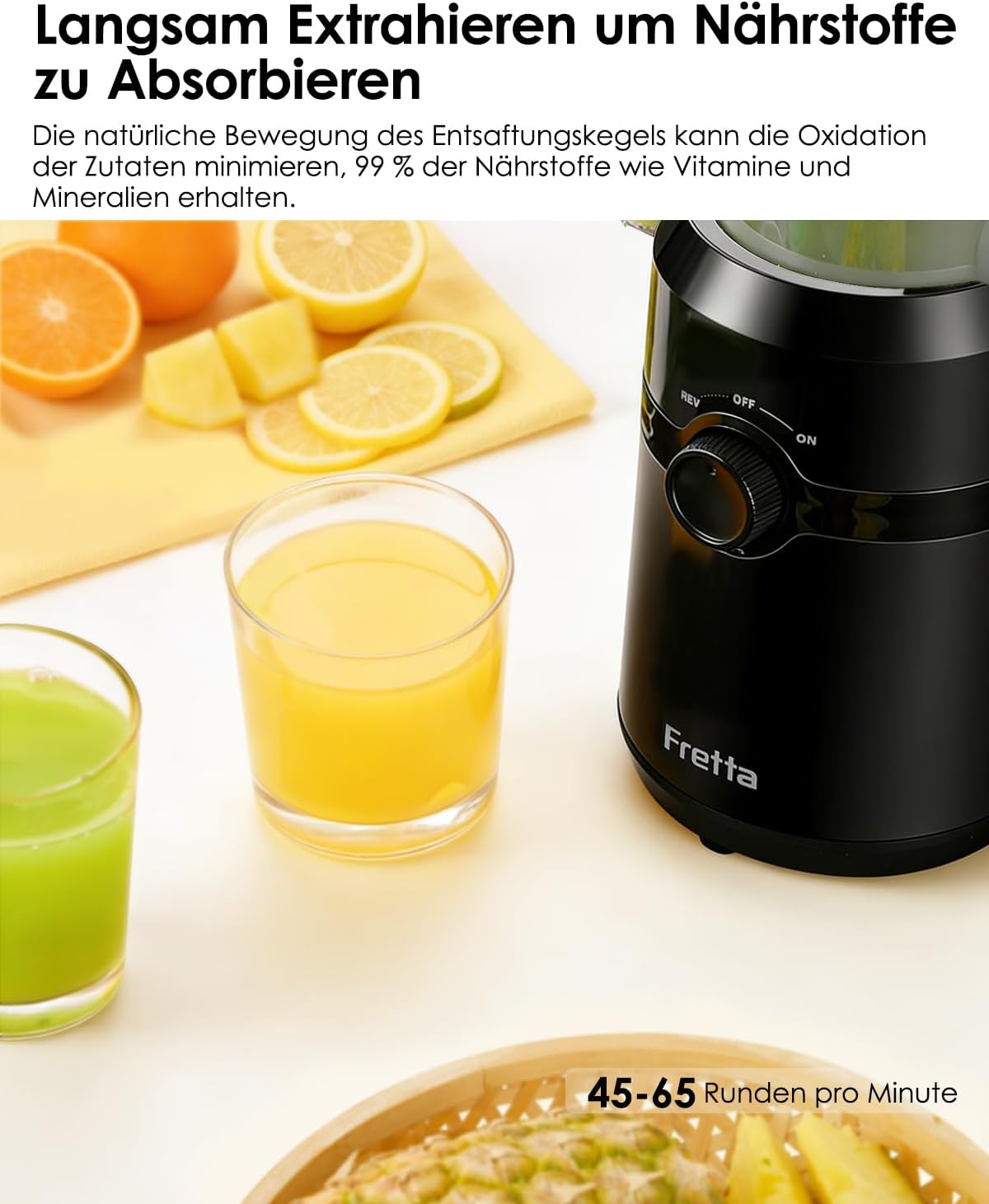 Fretta Entsafter, Slow Juicer mit 108 mm Breite und größerem Einfüllrohr, Füllvolumen für ganzes Gemüse und Obst, BPA-freier Entsafter aus Tritan-Material, einfache Installation, 200 W – Bild 4