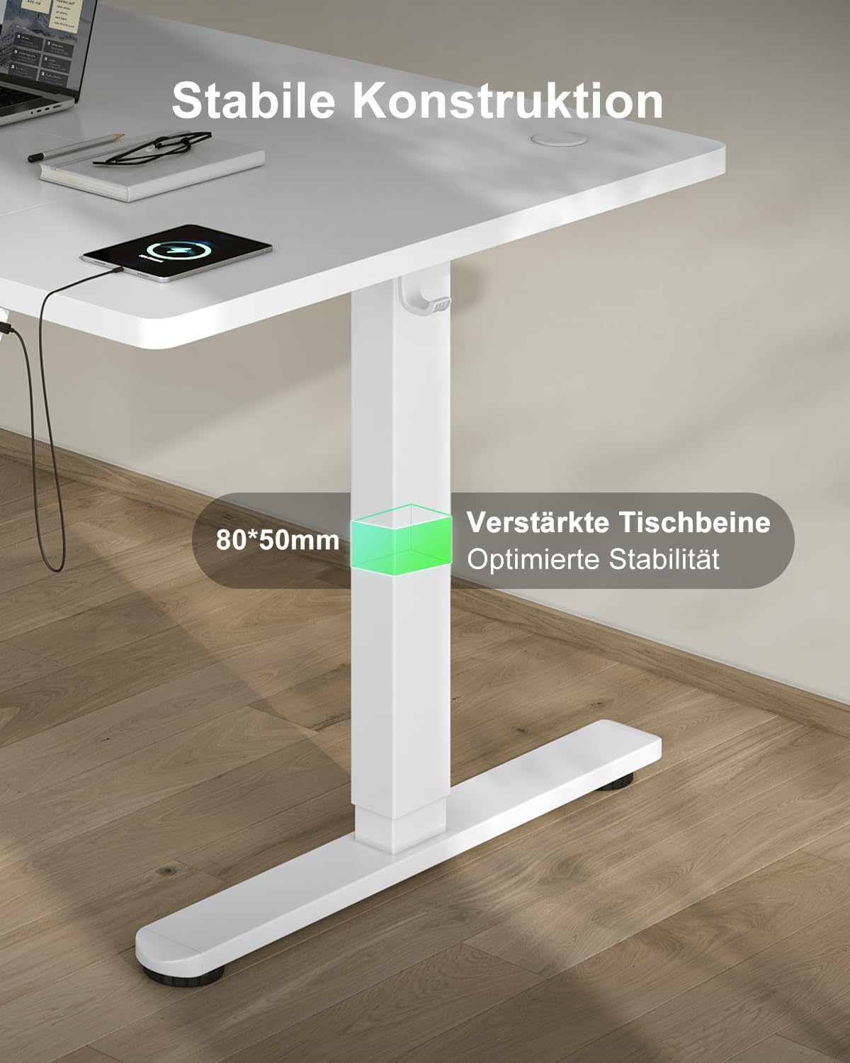 Devoko Höhenverstellbarer Schreibtisch 160 x 80 cm mit Typ-C-Ladeanschluss, mobiler elektrischer Computertisch mit Kabelmanagement-Ablage und 3-Funktions-Speicher, Weiß – Bild 7