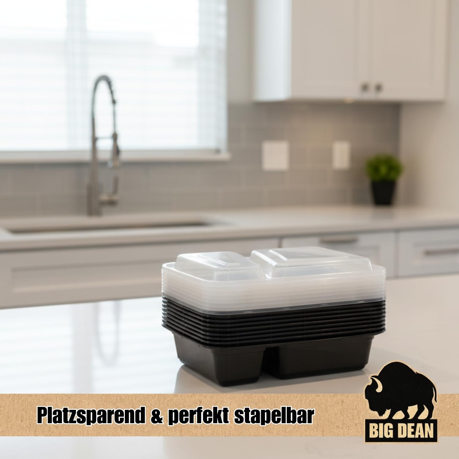 BigDean Packung mit 10 wiederverwendbaren Meal-Prep-Boxen mit Deckel und 2 Fächern – robuste Meal-Prep-Boxen, stapelbare Meal-Prep-Dosen und Lebensmittelbox – mikrowellen-, gefrier- und spülmaschinenfest – Bild 8