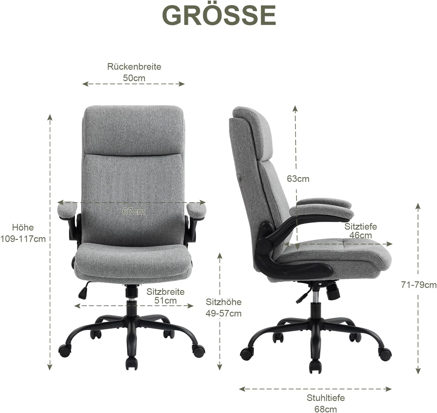 CASTLOVE Ergonomischer Bürostuhl, Schreibtischstuhl mit Rückenlehne, hochklappbare Armlehne, hohe Rückenlehne, höhenverstellbar, Wippfunktion (Bürostuhl, Stoff, grau, max. 150 kg) – Bild 2