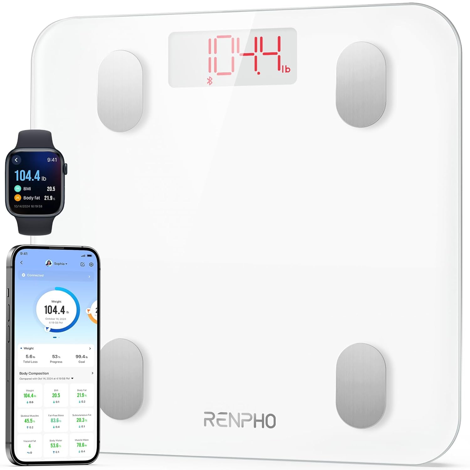 RENPHO Körperfett-Personenwaage, Bluetooth-Personenwaage mit App, intelligente digitale Waage für Körperfett, BMI, Gewicht, Muskelmasse, Wasser, Protein, Skelettmuskel, Knochengewicht und BMR