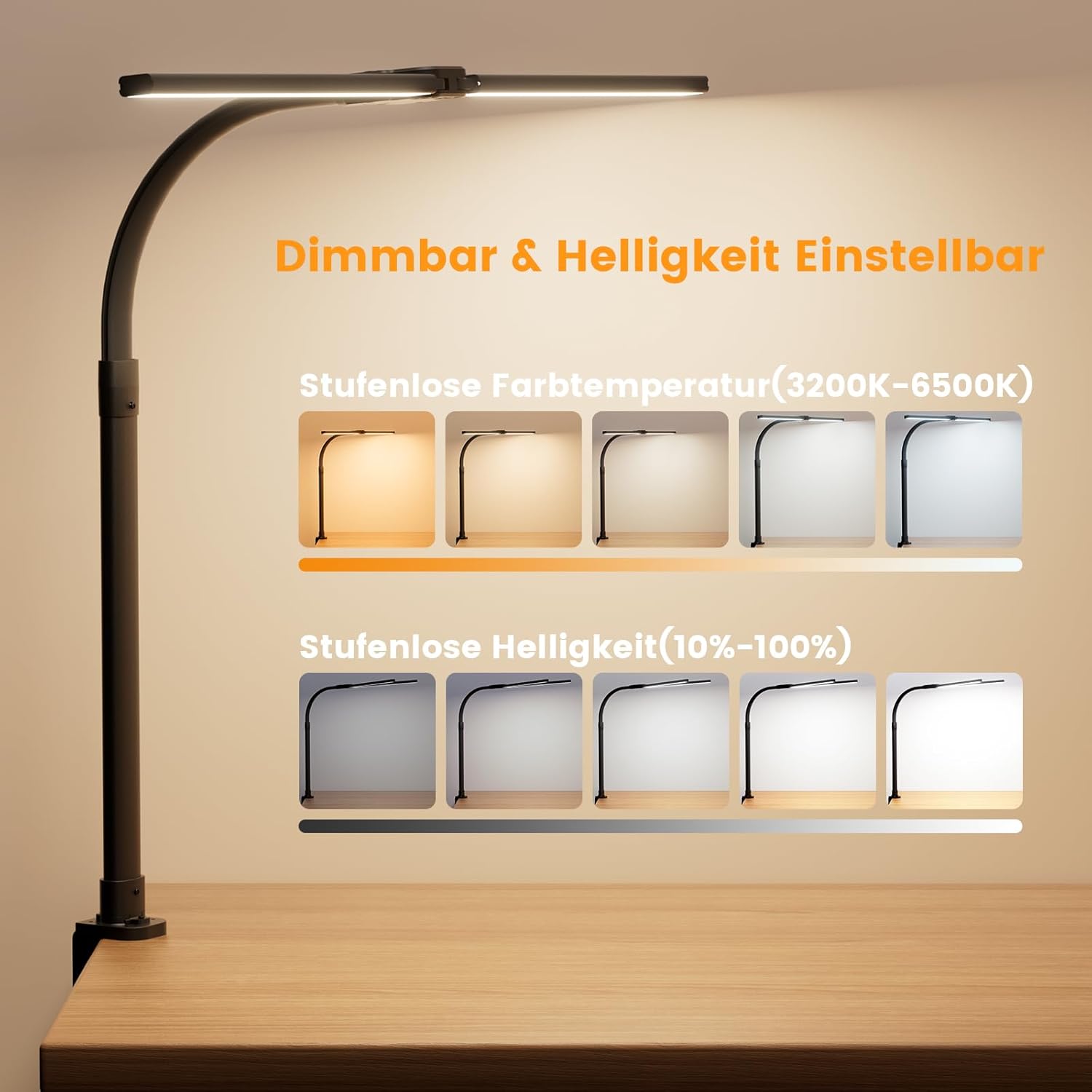 Doppelkopf Schreibtischlampe LED, 24W 76cm Schreibtischlampe Klemmbar für Home Office, 3200K-6500K Schwanenhals Büro Tischlampe Augenschutz Arbeitsplatzleuchte Monitorlampe PC Lampe (Schwarz) – Bild 3