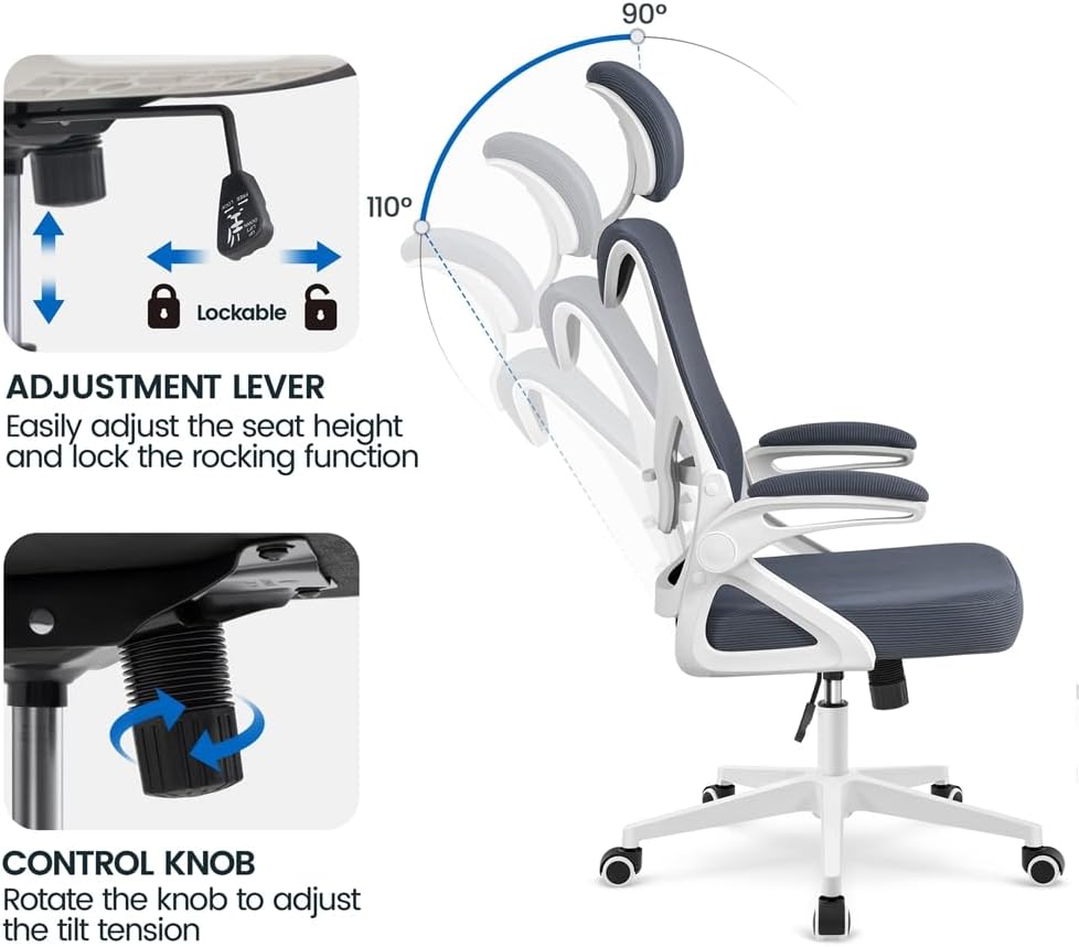 Yaheetech Ergonomischer Bürostuhl, Schreibtischstuhl mit klappbaren Armlehnen, Drehstuhl mit Rückenlehne und verstellbarer Kopfstütze, Chefsessel, Wippfunktion, maximale Belastung 136 kg, Weiß/Grau – Bild 6