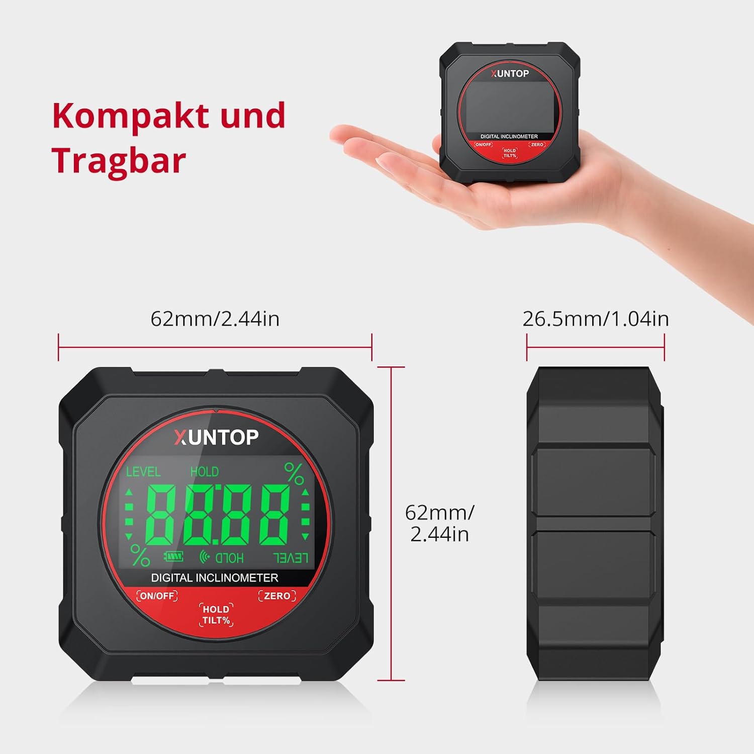 XUNTOP Neigungsmesser Digitaler Winkelmesser Neigungsmesser Messbereich 4 x 90°, 0,05° Auflösung mit Magnetfuß für Holzbearbeitung, Werkstätten, Außenbereich – Bild 6