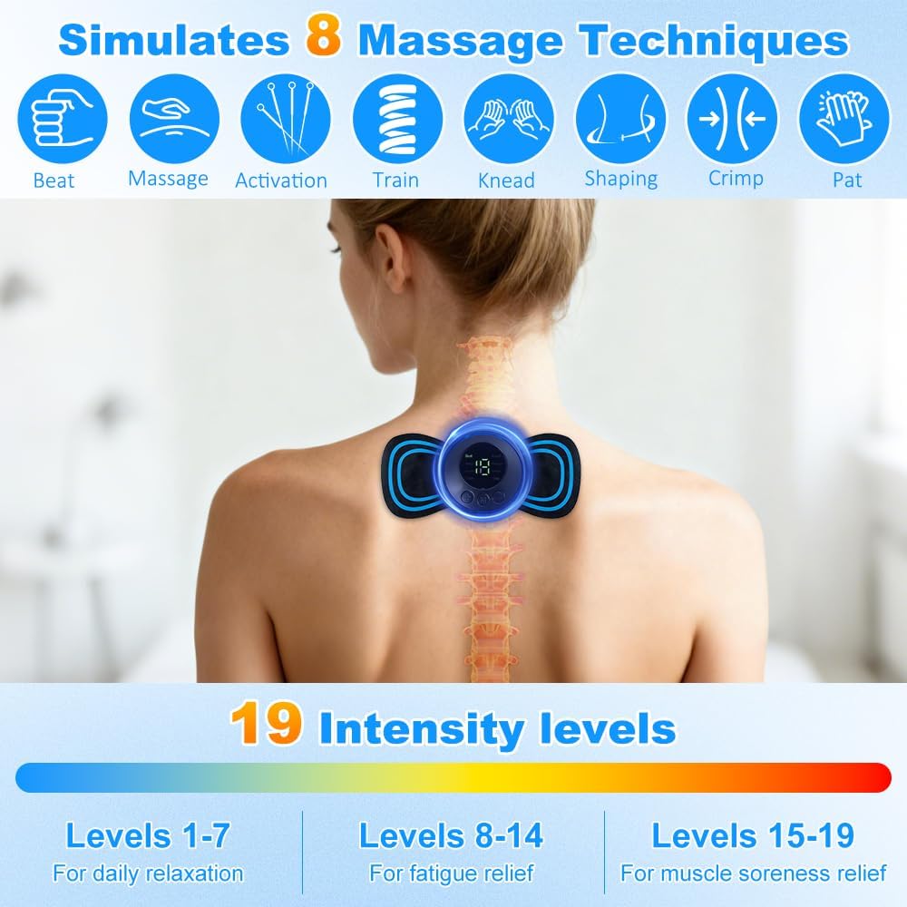 Elektrisches Nackenmassagegerät, EMS-Nackenmassagegerät, tragbares Nackenmassagegerät kabellos mit 8 Modi, 19 Intensitäten, Fernbedienung, Nackenmassagegerät für Schulter, Rücken, Bauch, lindert Schmerzen – Bild 3