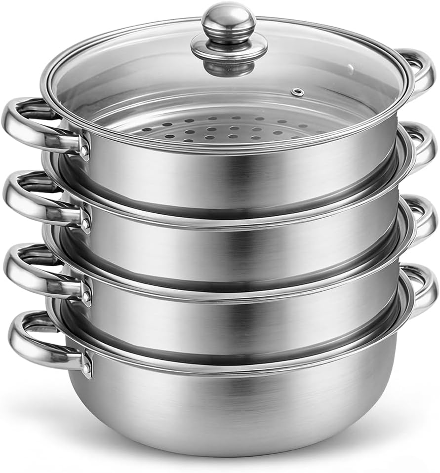 4-lagiger Dampfgarer, 28 cm Edelstahl-Dampfgarer mit Dampfgareinsatz und Glasdeckel, gleichzeitiges Dampfgaren, Dampfgarer für Induktion und Gasherd für Gemüse, Fisch, Mantou und Reis