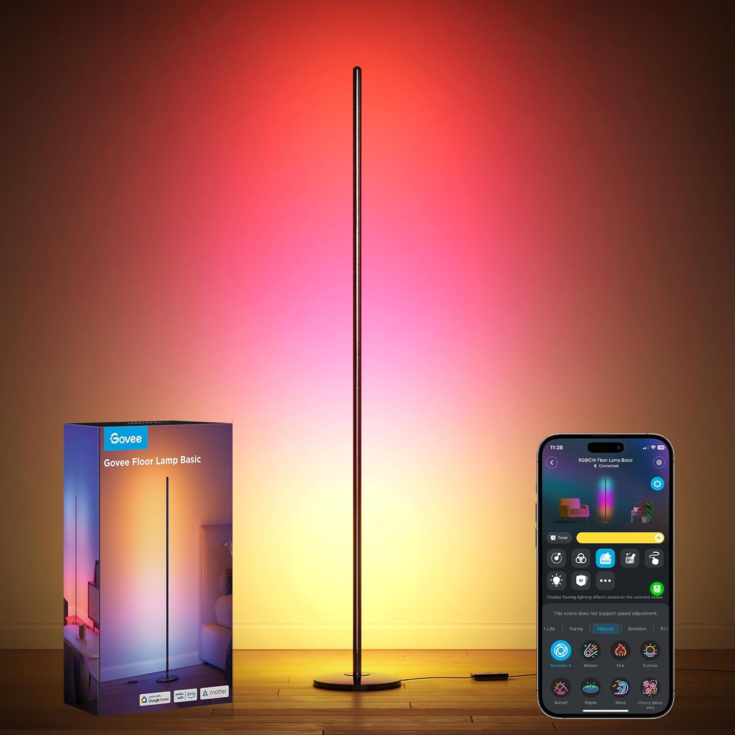 Govee RGBIC LED Stehlampe Wohnzimmer, WiFi Stehlampe, Dimmbar, Arbeiten mit Alexa und Matter, 16 Millionen Farben, 85 Szenenmodi, Musikmodi, DIY-Modus Stehlampe für Schlafzimmer Gaming, Schwarz