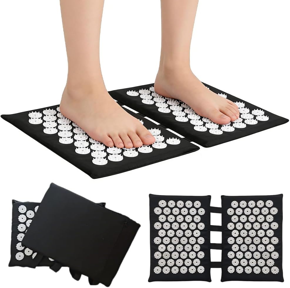 Akupressurmatte für Füße und Rücken, 2x33cm Akupunktur Matte Schwarz, Nagelmatte mit 110 ABS-Spitzen, Waschbare Tragbare Faszienmatte für Massage Entspannung, Zuhause, ins Büro oder auf Reisen