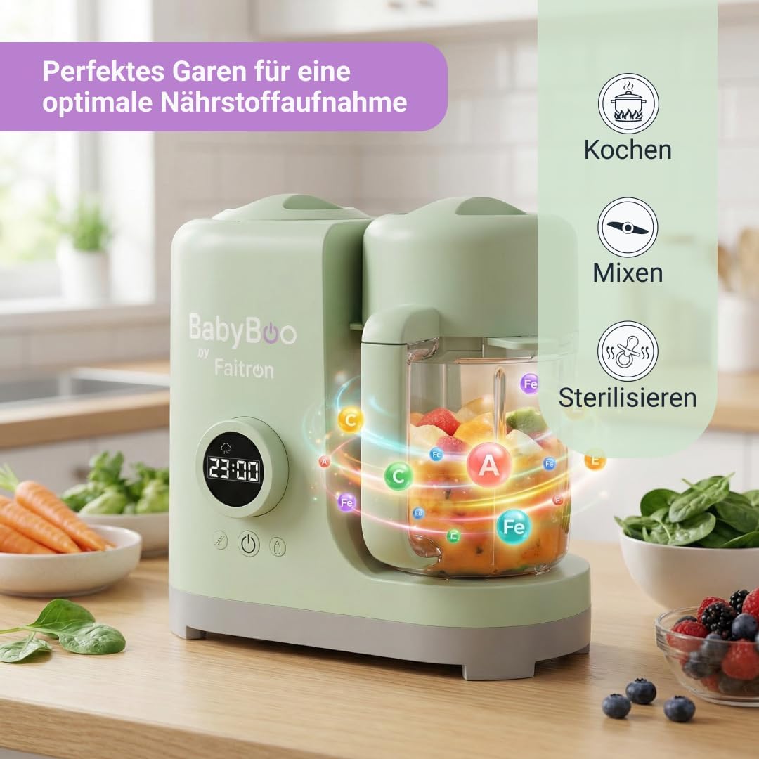 BabyBoo Babynahrungszubereiter 7-in-1, Dampfgarer & Mixer für Babynahrung, 300 W, Sterilisieren, Erhitzen & Auftauen, Edelstahlkorb, Tritan-Behälter, Digitalanzeige, Babynahrungszubereiter – Bild 6