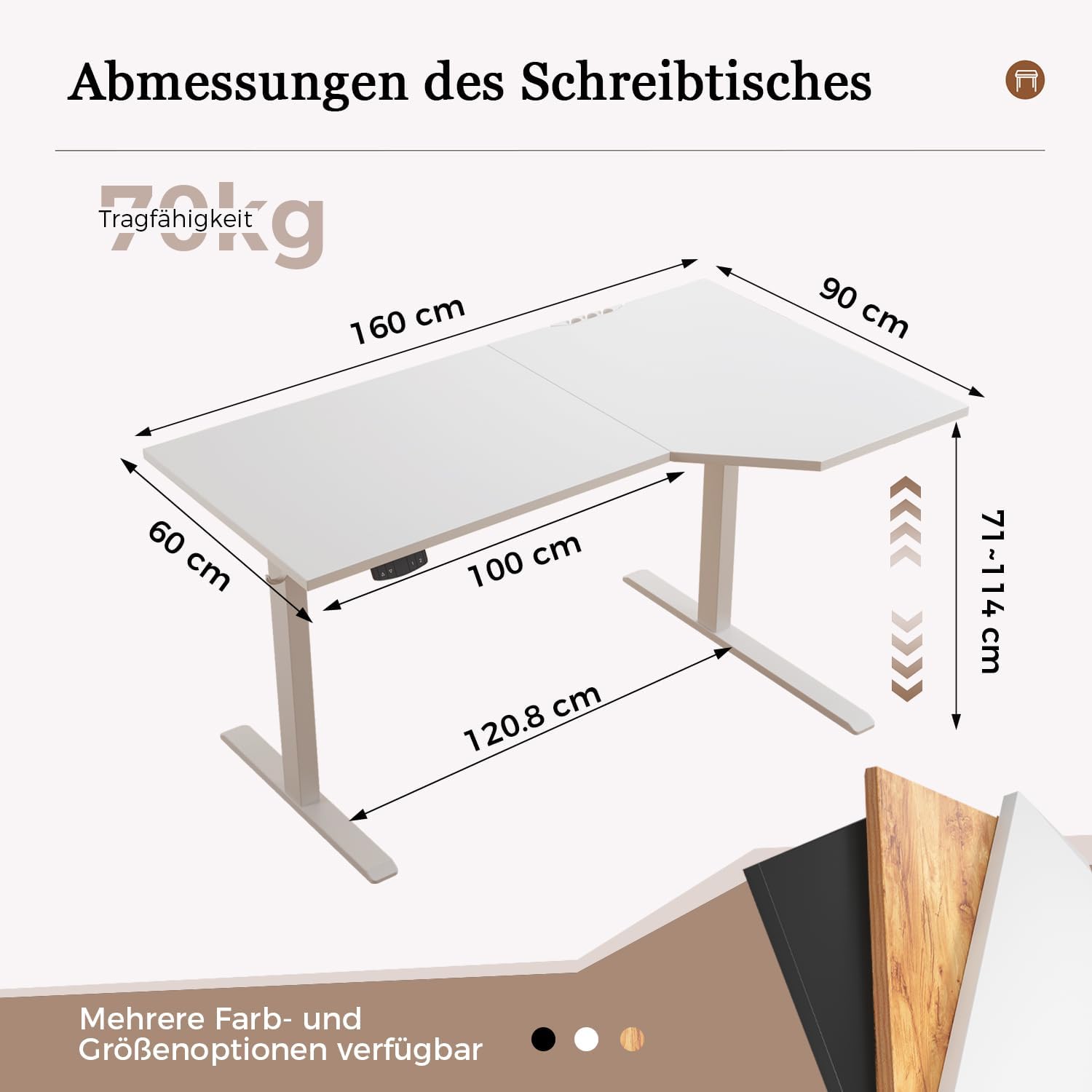Klicelor Höhenverstellbarer Schreibtisch 160 x 90 cm, elektrischer Stehsitz, Bürotisch, Computertisch mit 2 Memory-Funktionen, Stehpult, für Homeoffice und Büro, weiß – Bild 2