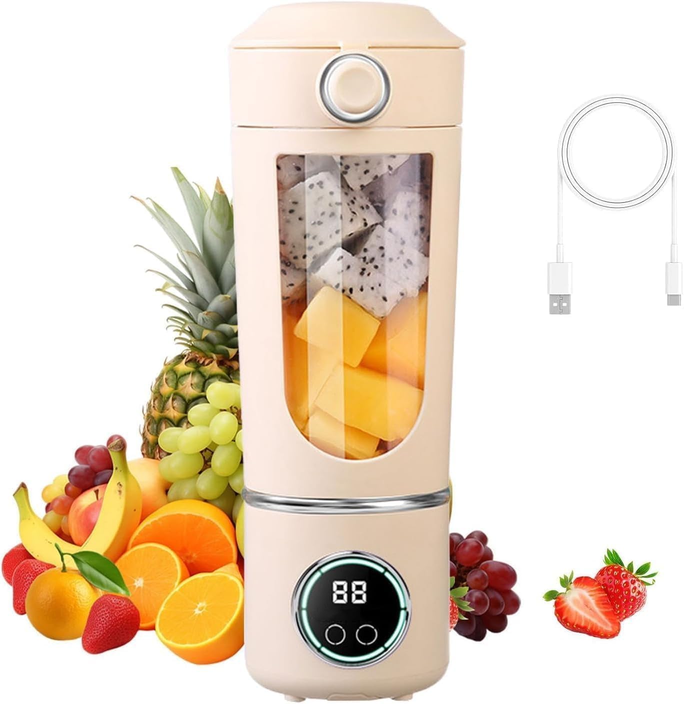 Tragbarer Mixer, 450 ml, Smoothie-Maker mit 12 Klingen aus Edelstahl, wiederaufladbarer USB-Mini-Mixer, Mixer für unterwegs mit Mixer-Bürste und Strohhalm-Bürste, elektrischer Entsafter für unterwegs für Milchshake-Saft-Smoothie