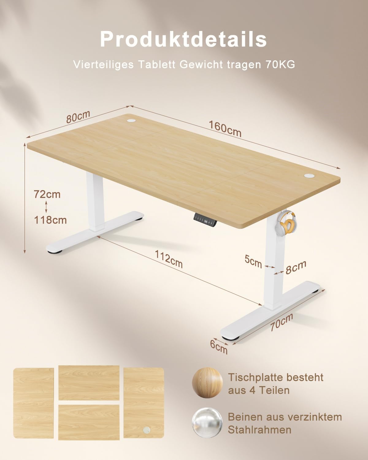 TRIUMPHKEY Höhenverstellbarer Schreibtisch, 160 x 80 cm, mit USB-Ladeanschluss, 3 Speichersteuerungen, höhenverstellbarer Schreibtisch mit Kabelbox, Computertisch, Stehpult, Beige – Bild 2