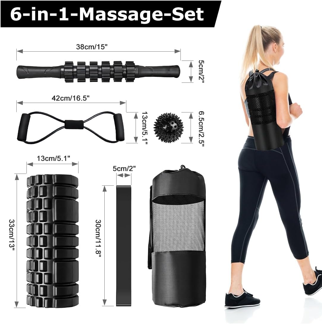 Faszienrolle, Qveetry 6-in-1 Schaumstoffrolle, Faszienrollen-Sets mit Massagerollerstange, Widerstandsbänder, Krafttraining, Massageball, Fitnessbänder, 33 cm Schaumstoffrolle für Yoga, Pilates, Sport – Bild 2
