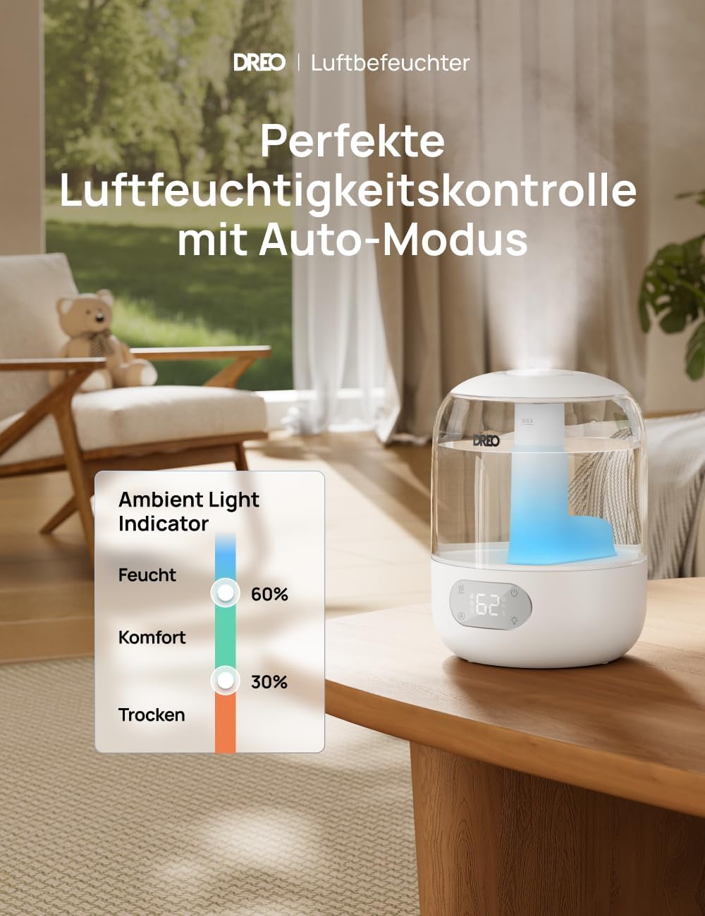 DREO Luftbefeuchter für Schlafzimmer, Luftbefeuchter mit kühlem Nebel für Zuhause und große Räume, leiser Luftbefeuchter für Babys, Nachtlicht, ätherischer Diffusor, schneller Ultraschall-Luftbefeuchter – Bild 2
