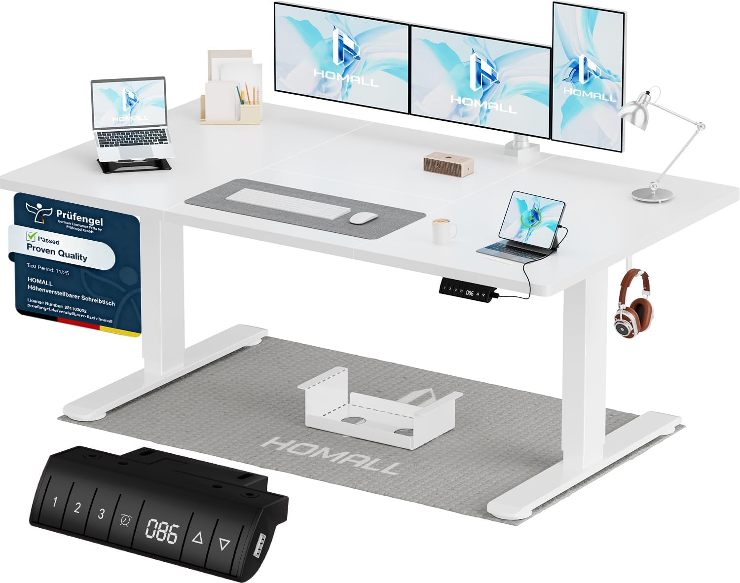 Homall höhenverstellbarer Schreibtisch 140 x 70 cm, elektrischer Schreibtisch mit vierteiliger Tischplatte, Computertisch mit Memory-Funktion, Stehpult