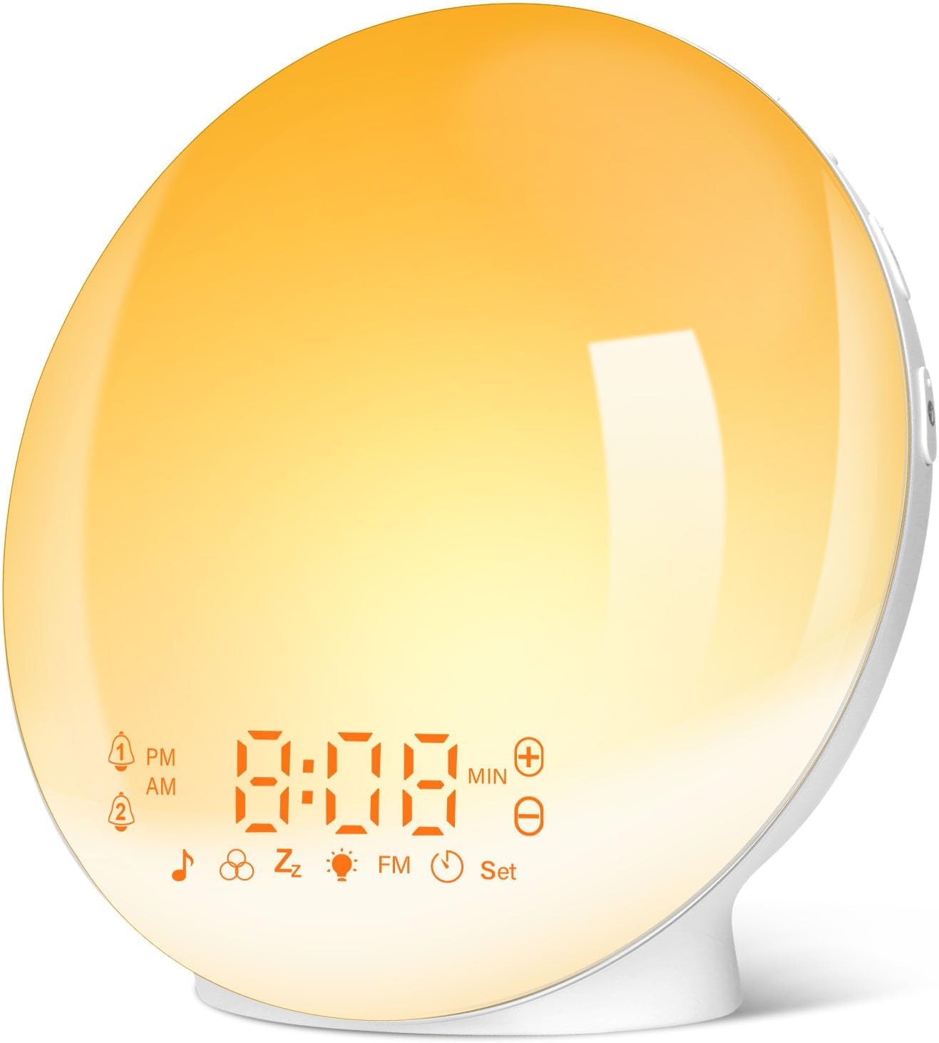 Tageslicht-Wecker-Licht, Aufwachlicht, Sonnenaufgang, Sonnenuntergang, Simulation, Wecker, Radio, 7 natürliche Geräusche, 2 Alarme, Schlummerfunktion, 7 Farblicht, 20 Helligkeiten, Nachttischlampe, Erwachsene, Kinder