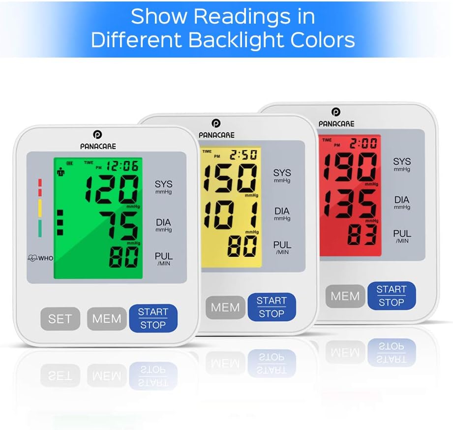 Panacare 2.0 Vollautomatisches Oberarm-Blutdruckmessgerät, 3-farbiges großes Display mit Hintergrundbeleuchtung, deutsche Sprache, 2Benutzer & 198 Daten, Manschette von 22-42 cm, Blutdruckmessgerät (Silber) – Bild 4