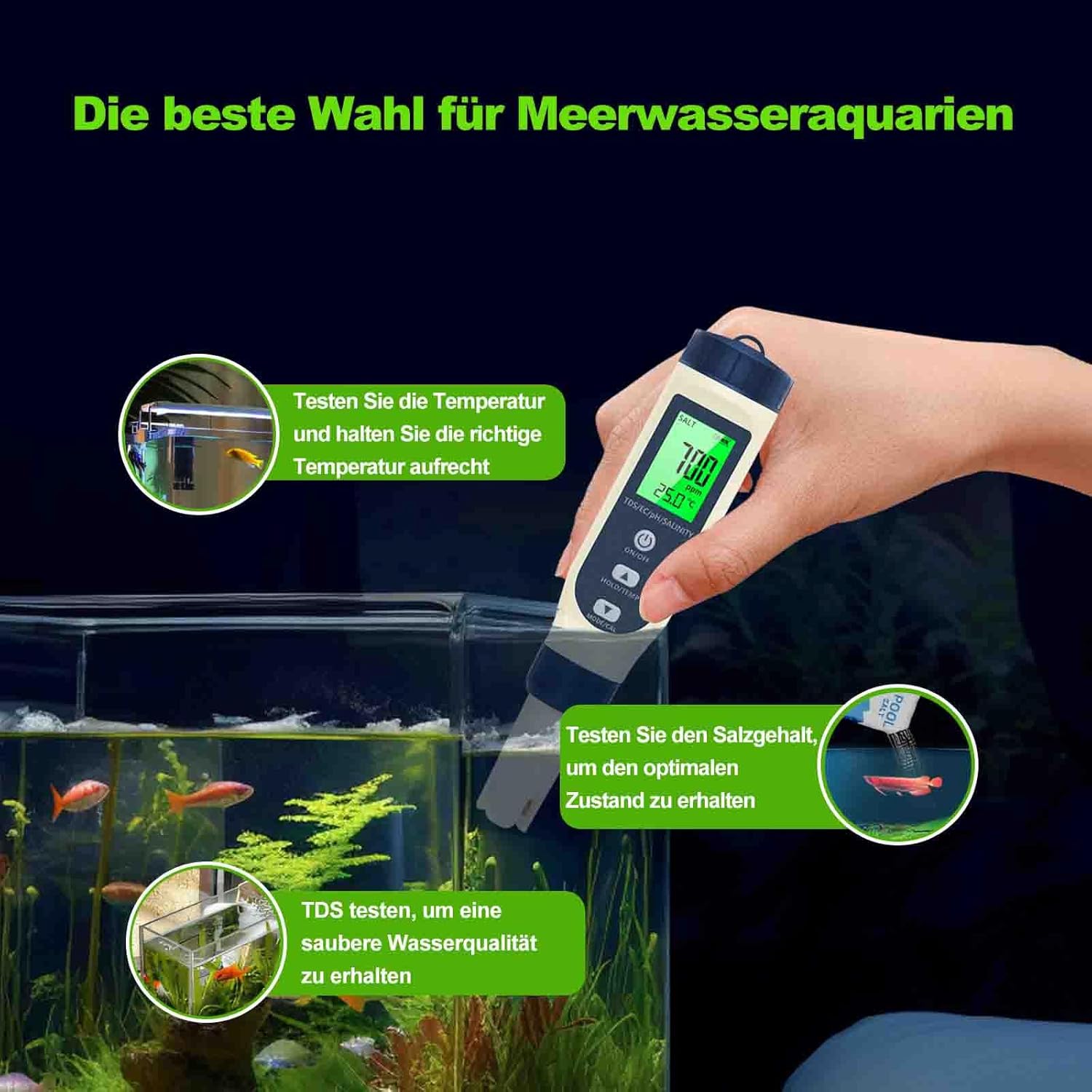 PH-Messgerät Wasser, PH/TDS/EC/Salzgehalt/Thermometer 5-in-1 pH-Wert-Messgerät mit LCD-Display, automatischer Temperaturkompensation pH-Tester, hochpräziser Wassertester, ideal für Trinkwasser, Pool – Bild 6